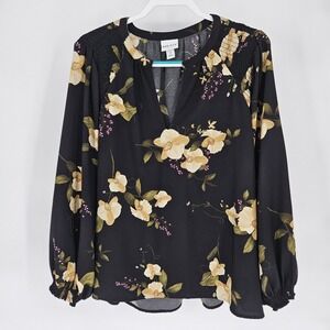 Ava & Viv Womens 1X Black Floral Smocked Split Neck Blouse Long Sleeve Top